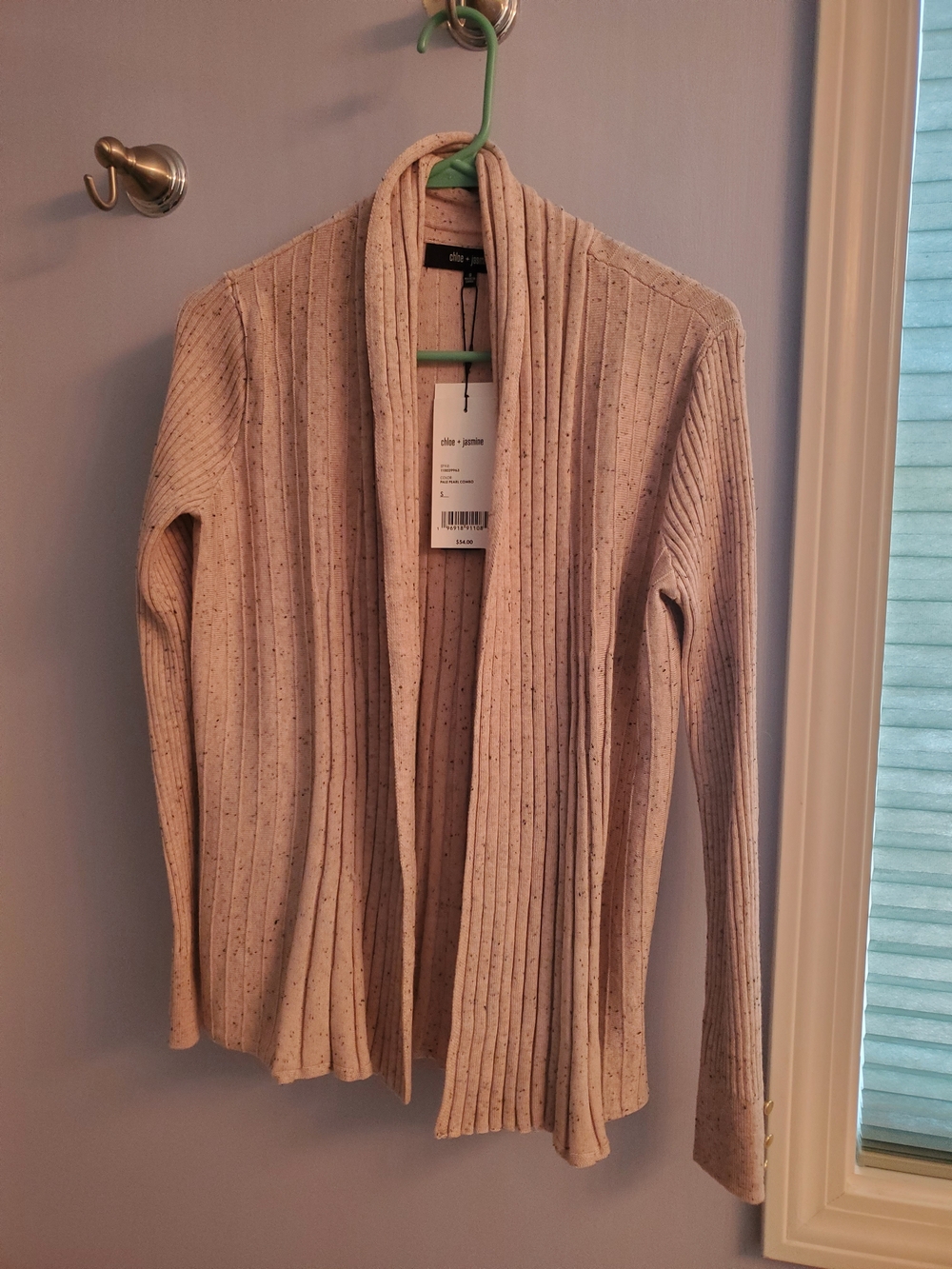 Open-Front Ribbed Cardigan Sweater in Light Grayish Pink